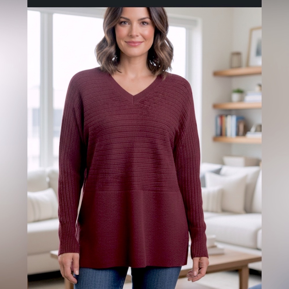 NWT Lord & Taylor New Deep Burgundy V-Neck Structured Top Large soft stretchy - Picture 2 of 8